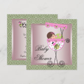 Cartes d'invitation Baby Shower Fille Rose Vert Da (Devant / Derrière)