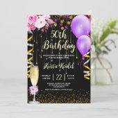 Cartes d'invitation Ballons Violets et Champagne (Debout devant)