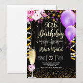 Cartes d'invitation Ballons Violets et Champagne (Devant / Derrière)