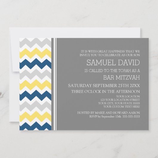 Cartes d'invitation Bar Mitzvah à chevrons jaune b (Dos)