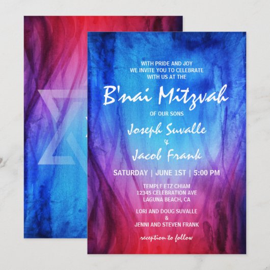Cartes d'invitation Bar Mitzvah | Bleu Rouge | Feu (Devant / Derrière)