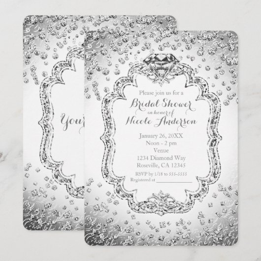 Cartes d'invitation Bling Diamant Argent Blanc Pla (Devant / Derrière)
