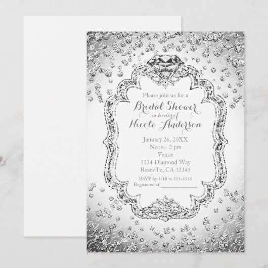 Cartes d'invitation Bling Diamant Argent Blanc Pla (Devant / Derrière)