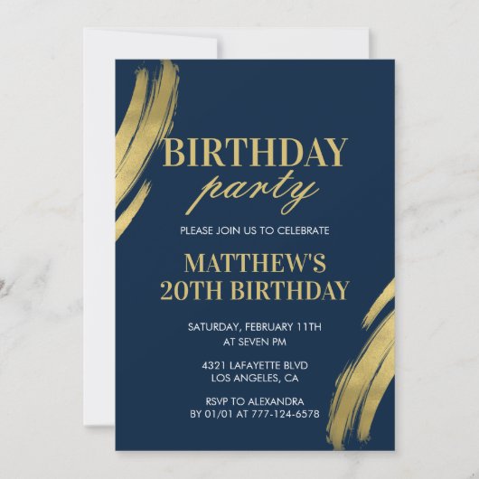 Cartes d'invitation chic 20 ans Fête garçon Navy (Devant)