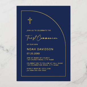 Cartes d'invitation Communion Bleu marine et feuil