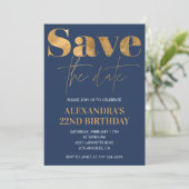 Cartes d'invitation d'anniversaire 22 ans Navy Or (Debout devant)