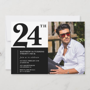 Cartes d'invitation d'anniversaire 24 ans Noir et