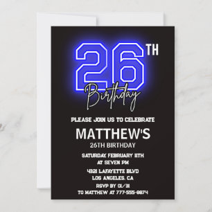 Cartes d'invitation d'anniversaire 26 ans Neon Bla