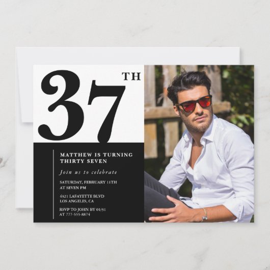 Cartes d'invitation d'anniversaire 37 ans noir et  (Devant)