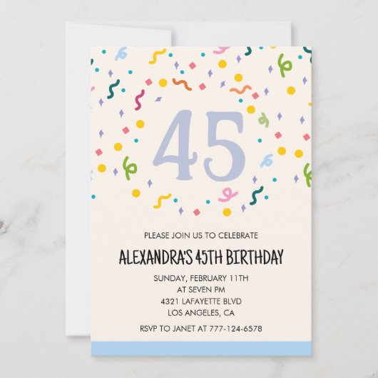 Cartes d'invitation d'anniversaire 45 ans modernes (Devant)