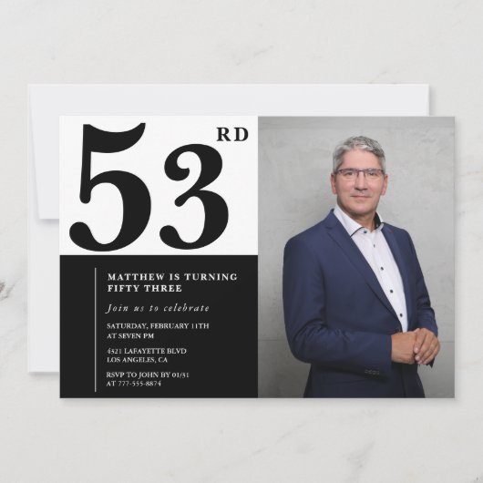 Cartes d'invitation d'anniversaire 53 ans en noir (Devant)