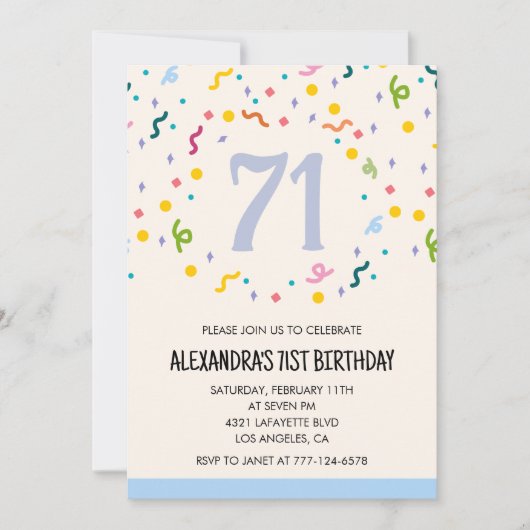 Cartes d'invitation d'anniversaire 71 ans Confetti (Devant)