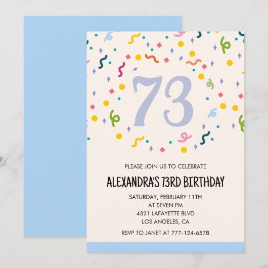 Cartes d'invitation d'anniversaire 73 ans Confetti (Devant / Derrière)