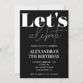 Cartes d'invitation d'anniversaire 7 ans Noir Typo (Devant)