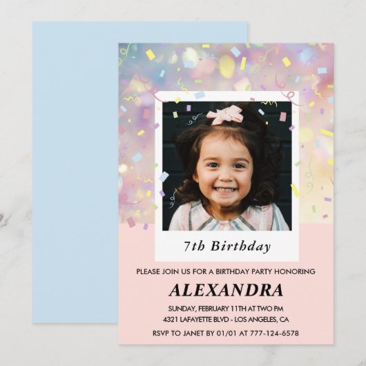 Cartes d'invitation d'anniversaire 7 ans rose Conf (Devant / Derrière)