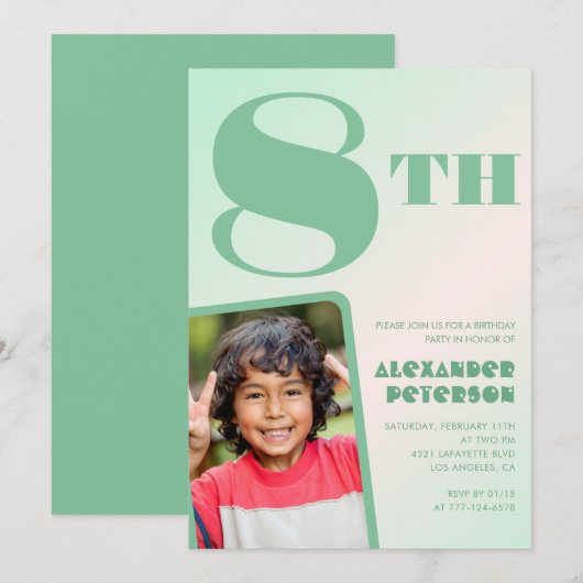 Cartes d'invitation d'anniversaire 8 ans vertes Ph (Devant / Derrière)