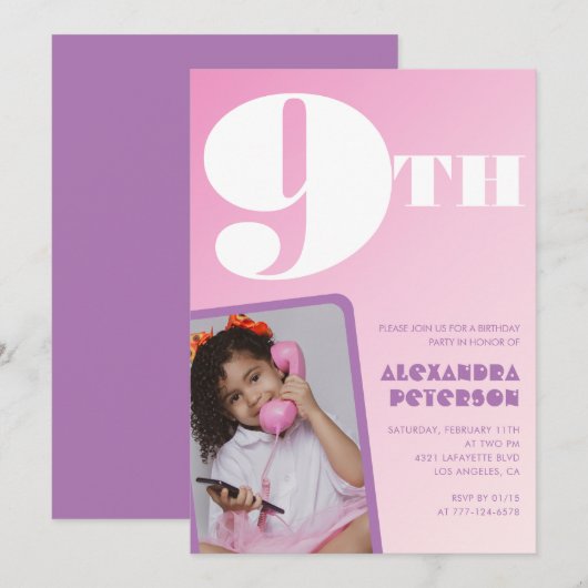 Cartes d'invitation d'anniversaire 9 ans fille dég (Devant / Derrière)