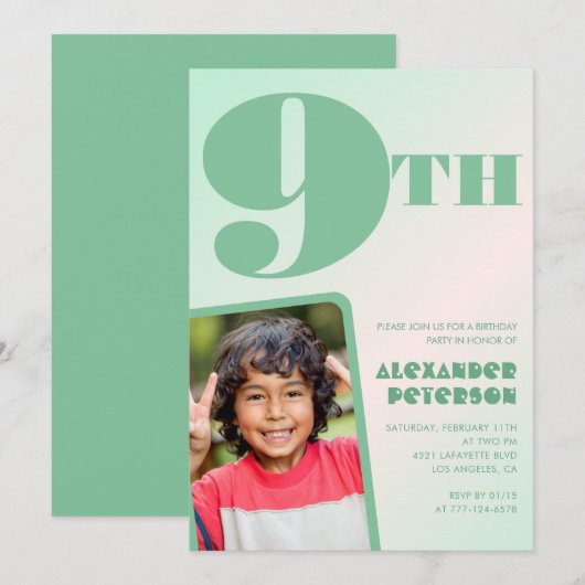 Cartes d'invitation d'anniversaire 9 ans vertes Ph (Devant / Derrière)