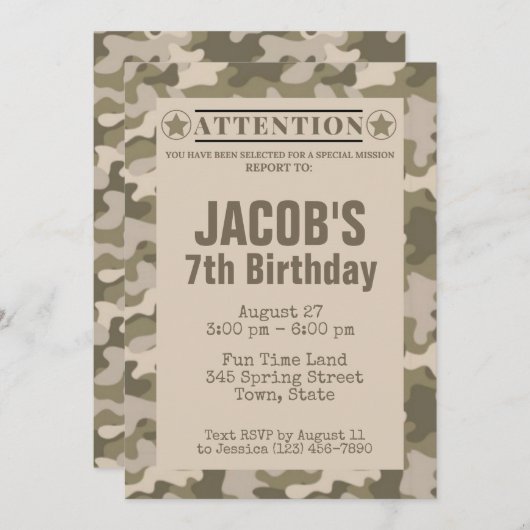 Cartes d'invitation d'anniversaire à thème camoufl (Devant / Derrière)