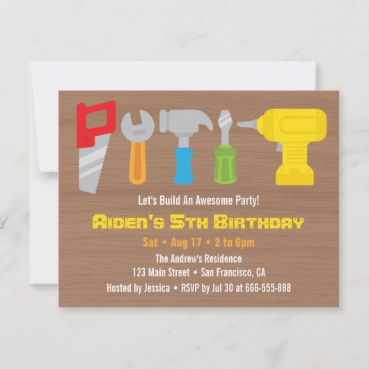 Cartes d'invitation d'anniversaire aux outils de b (Devant)