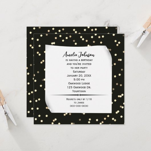 Cartes d'invitation d'anniversaire avec étoiles do (Devant/Arrière en situation)