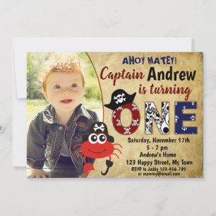 Cartes d'invitation d'anniversaire de crabe pirate