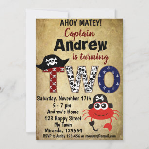 Cartes d'invitation d'anniversaire de crabe pirate