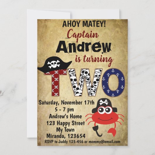 Cartes d'invitation d'anniversaire de crabe pirate (Devant)