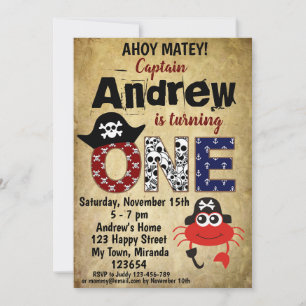 Cartes d'invitation d'anniversaire de crabe pirate