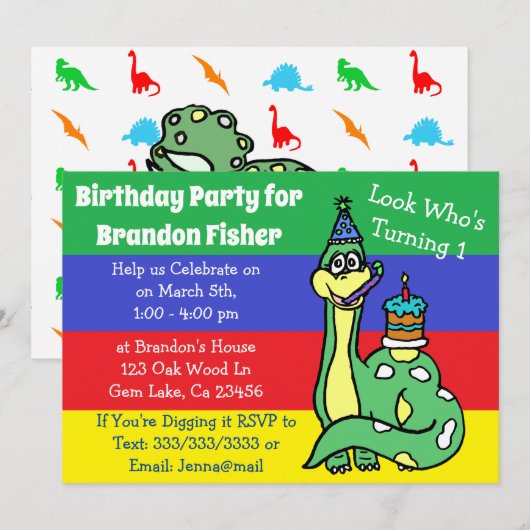 Cartes d'invitation d'anniversaire de dinosaure mi (Devant / Derrière)
