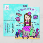 Cartes d'invitation d'anniversaire de sirène jolie (Devant / Derrière)