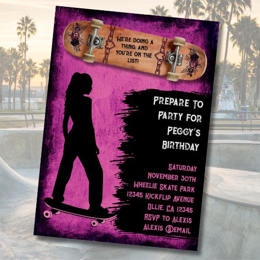 Cartes d'invitation d'anniversaire de skateuse « S