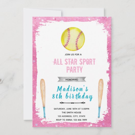 Cartes d'invitation d'anniversaire de softball (Devant)