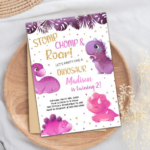 Cartes d'invitation d'anniversaire dinosaure rose