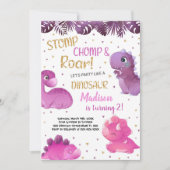 Cartes d'invitation d'anniversaire dinosaure rose  (Devant)