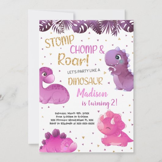 Cartes d'invitation d'anniversaire dinosaure rose (Devant)
