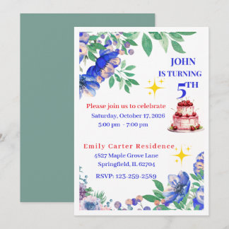 Cartes d'invitation d'anniversaire florales bleues