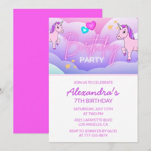 Cartes d'invitation d'anniversaire Licorne Arc-en- (Devant / Derrière)