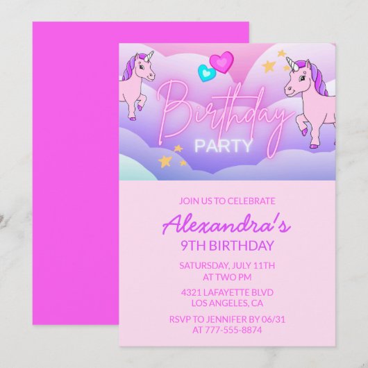 Cartes d'invitation d'anniversaire Licorne Arc-en- (Devant / Derrière)