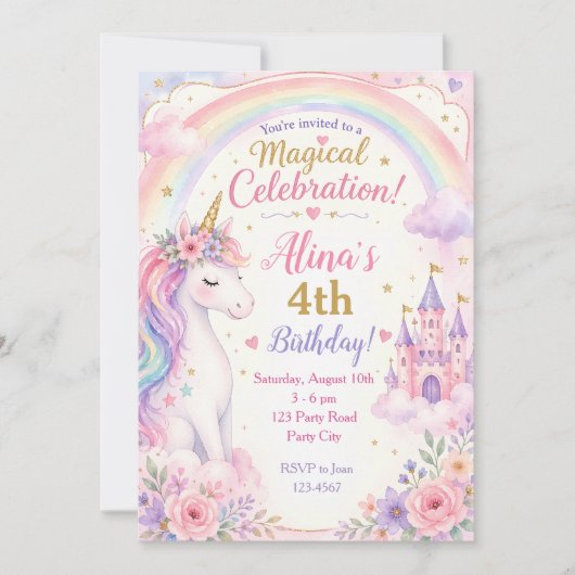 Cartes d'invitation d'anniversaire Licorne Fille - (Devant)
