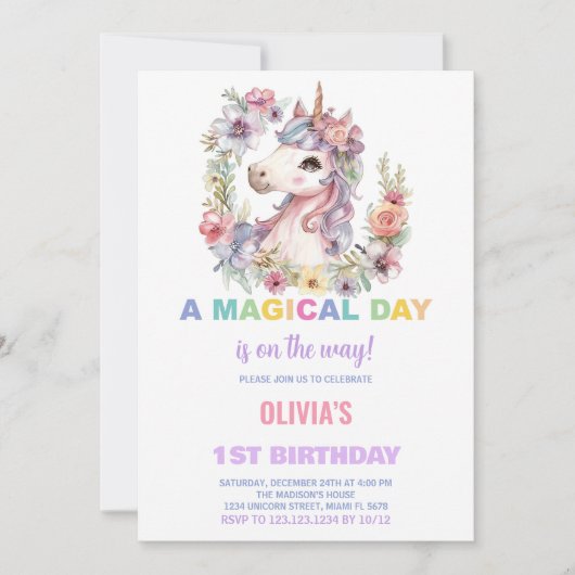 Cartes d'invitation d'anniversaire licorne florale (Devant)