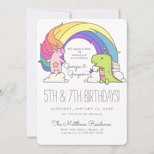 Cartes d'invitation d'anniversaire Licornes & Dino (Devant)