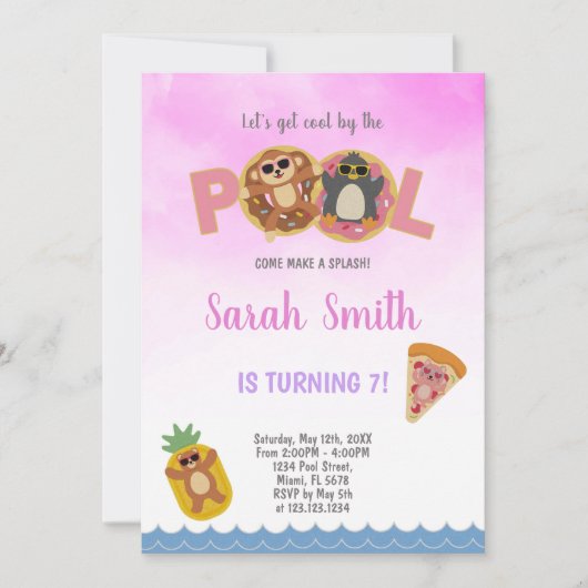 Cartes d'invitation d'anniversaire Pizza Piscine (Devant)