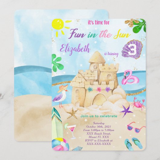 Cartes d'invitation d'anniversaire plage (Devant / Derrière)