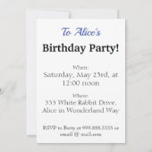 Cartes d'invitation d'anniversaire pour Alice au P (Dos)
