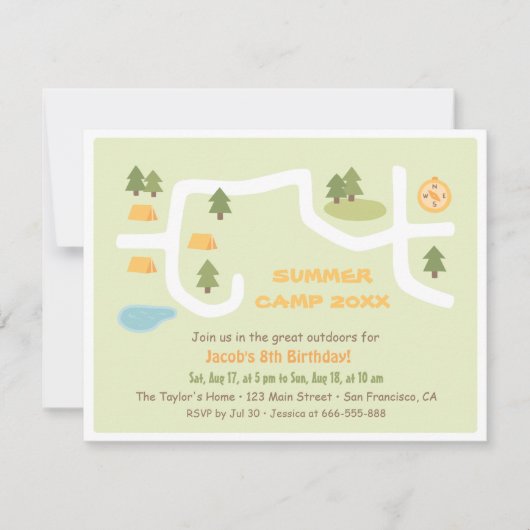Cartes d'invitation d'anniversaire pour un camping (Devant)