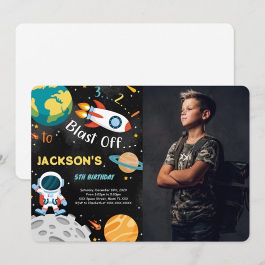 Cartes d'invitation d'anniversaire Space Boy avec (Devant / Derrière)