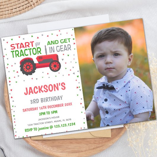 Cartes d'invitation d'anniversaire Tracteur Rouge