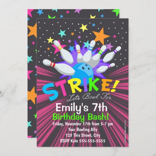 Cartes d'invitation de bowling, Invitation d'anniv (Devant / Derrière)