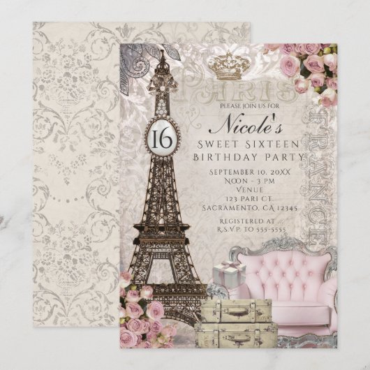 Cartes d'invitation de fête avec la Tour Eiffel de (Devant / Derrière)